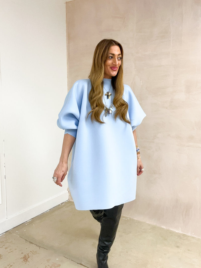 Puff Sleeve Scuba Dress In Baby Blue