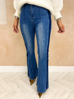 Raw Hem Contrast Stripe Flared Jeans In Blue