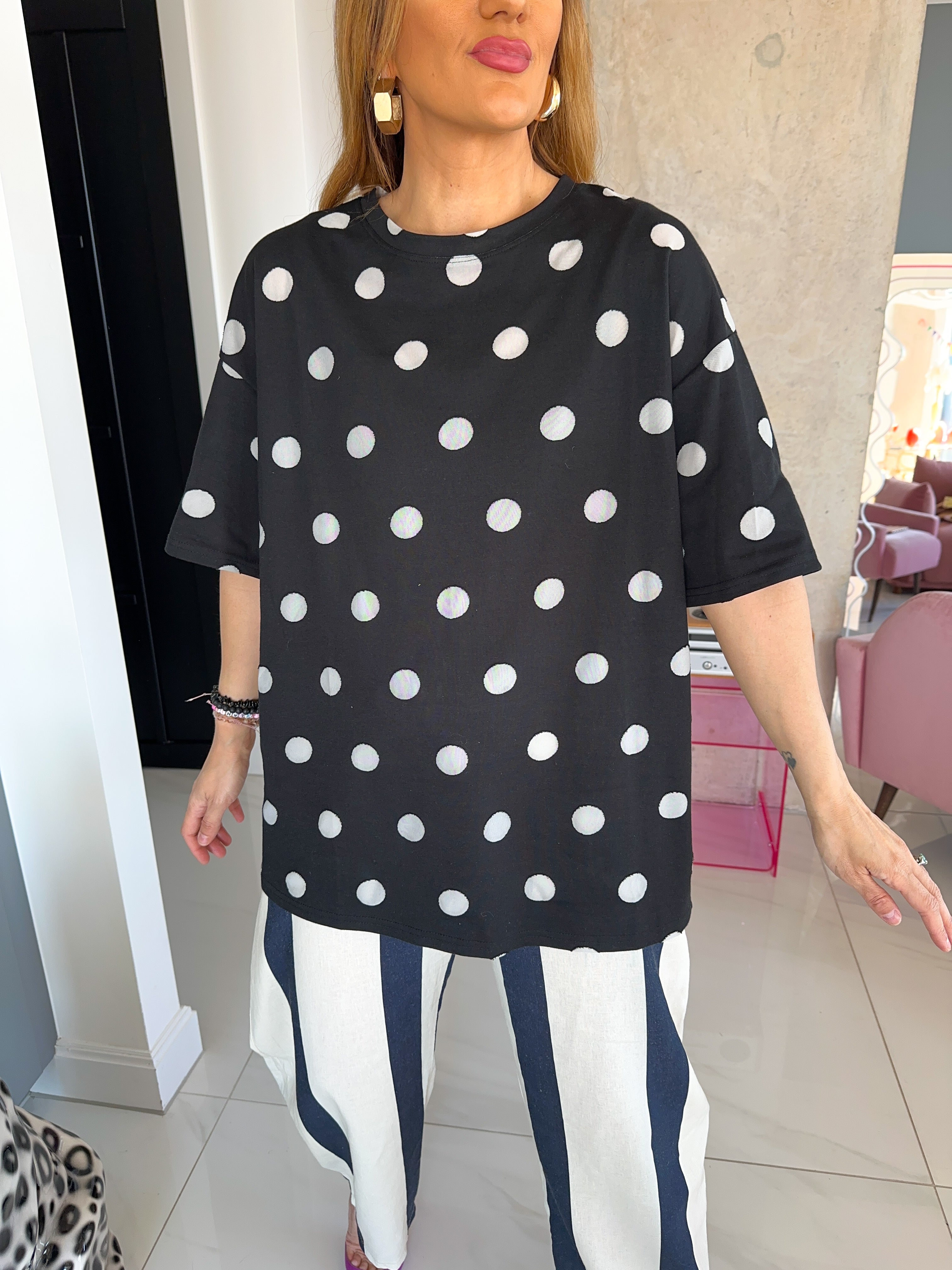 Oversized Basic T-Shirt In Black/White Polka Dot