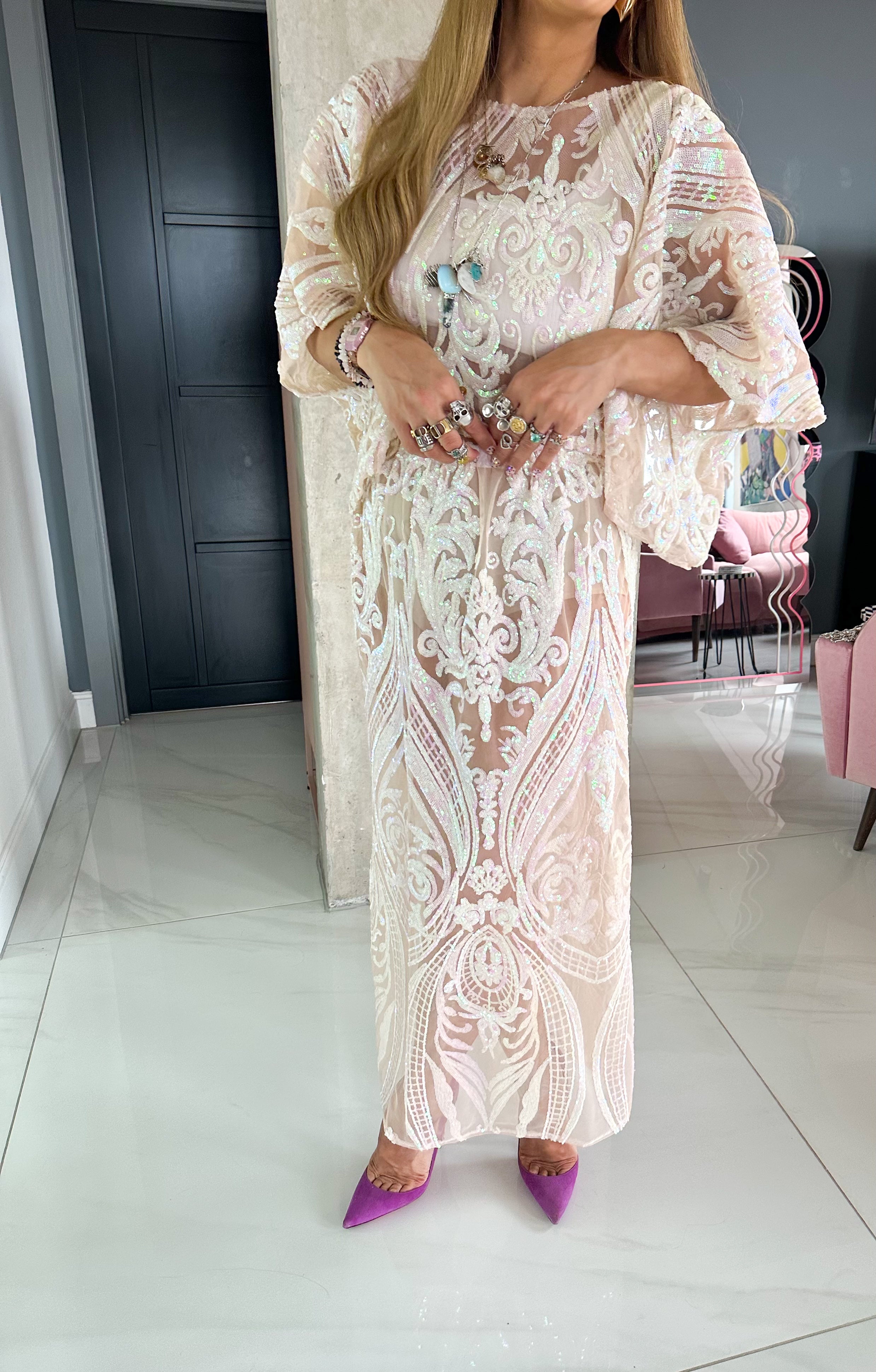 Solaris Fortuna Sequin Midi Skirt In Champagne