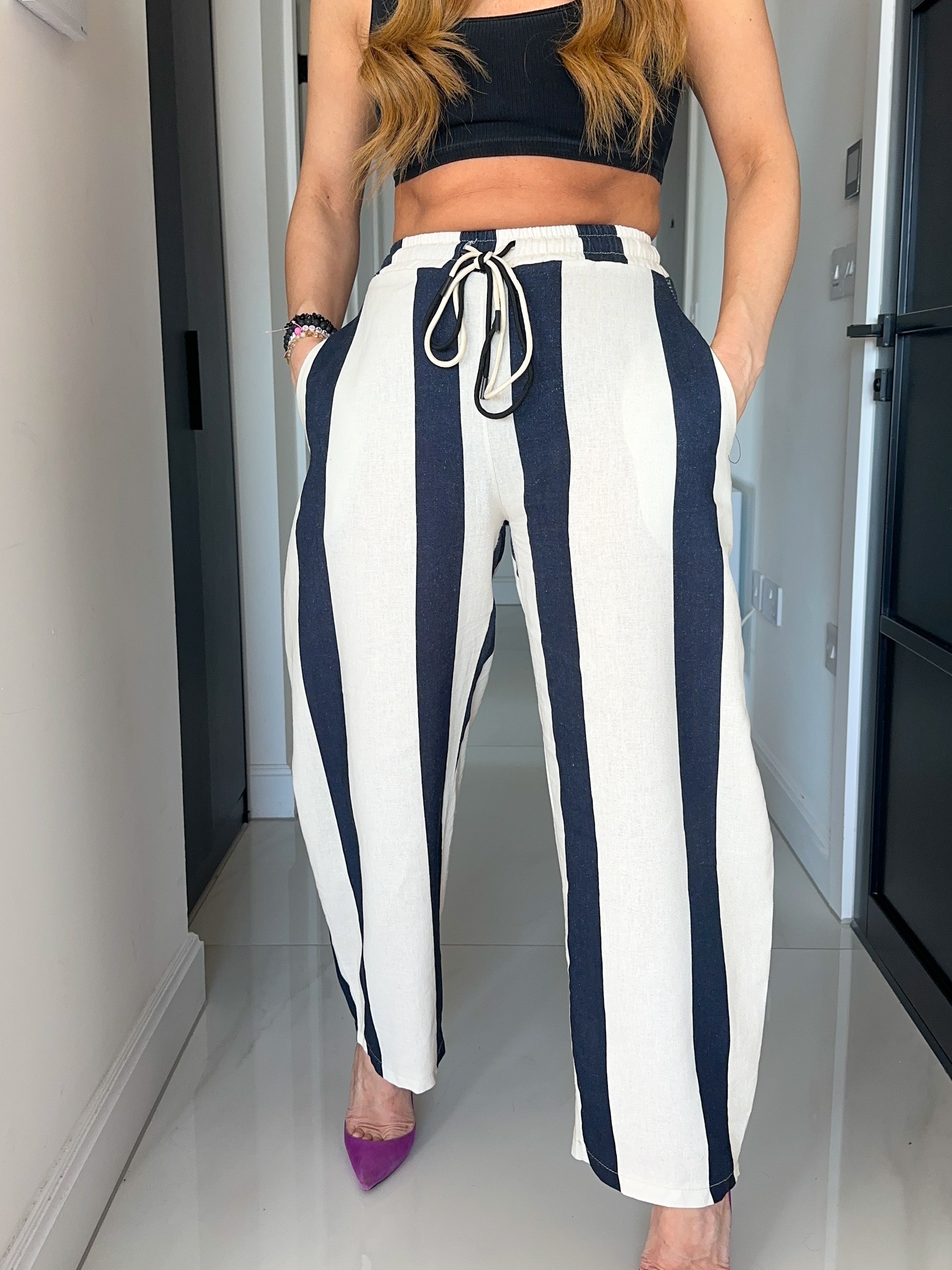 Barrel Shape Trousers In Navy/White Stripe