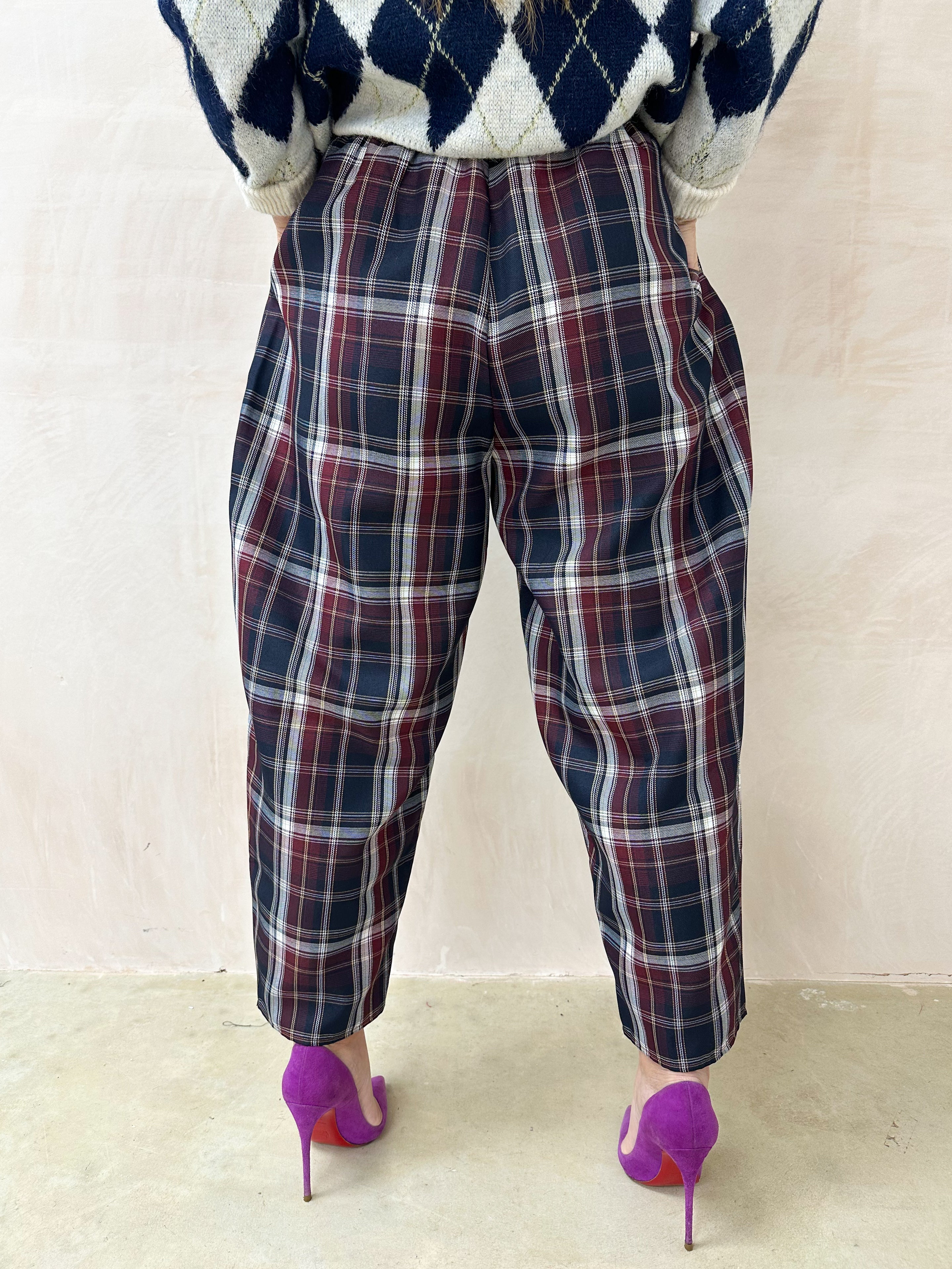 Tartan Check Balloon Trousers In Navy