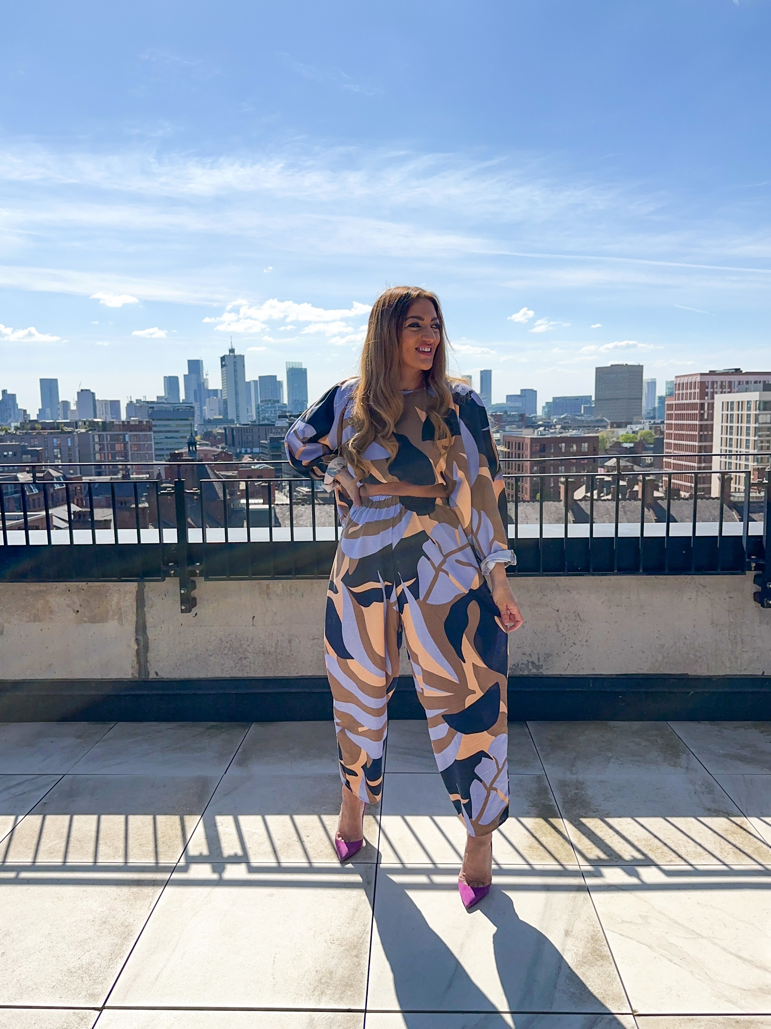 Abstract Leaf Print Balloon Trousers In Brown/Lilac