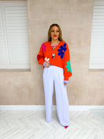 Slouch Fit Multi Coloured Floral Jumper In Bright Orange