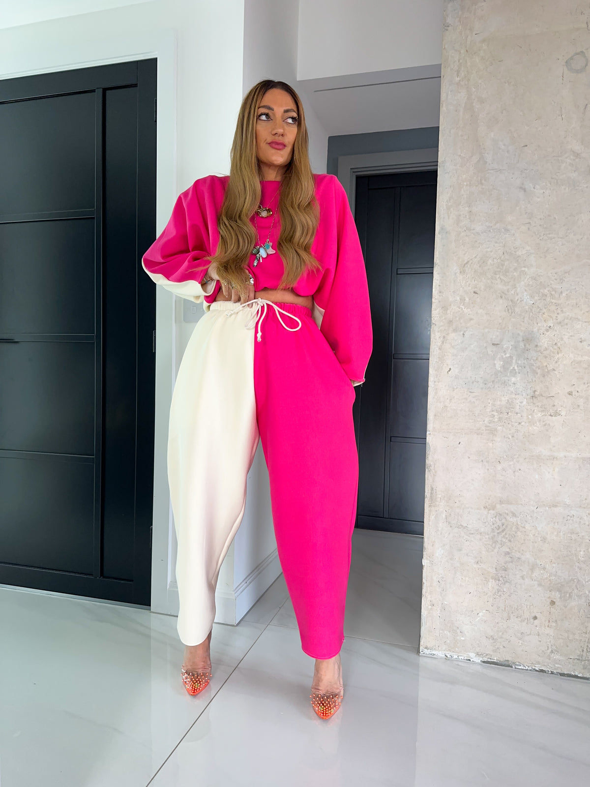 Core Collection Contrast Balloon Trousers In Pink/Cream