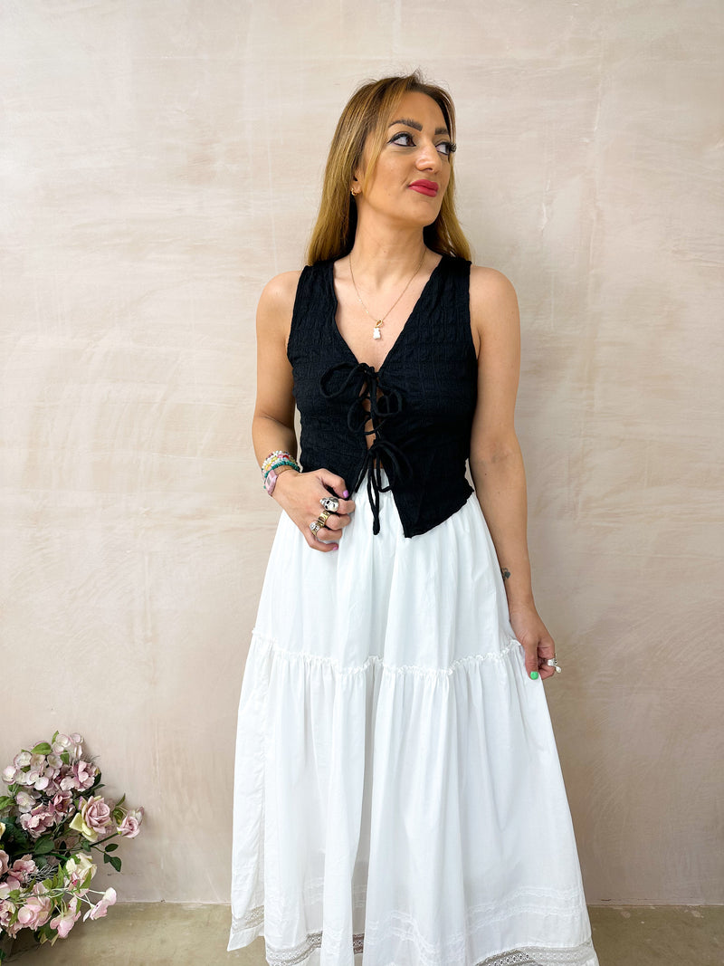 Tiered Lace Hem Midi Skirt In White