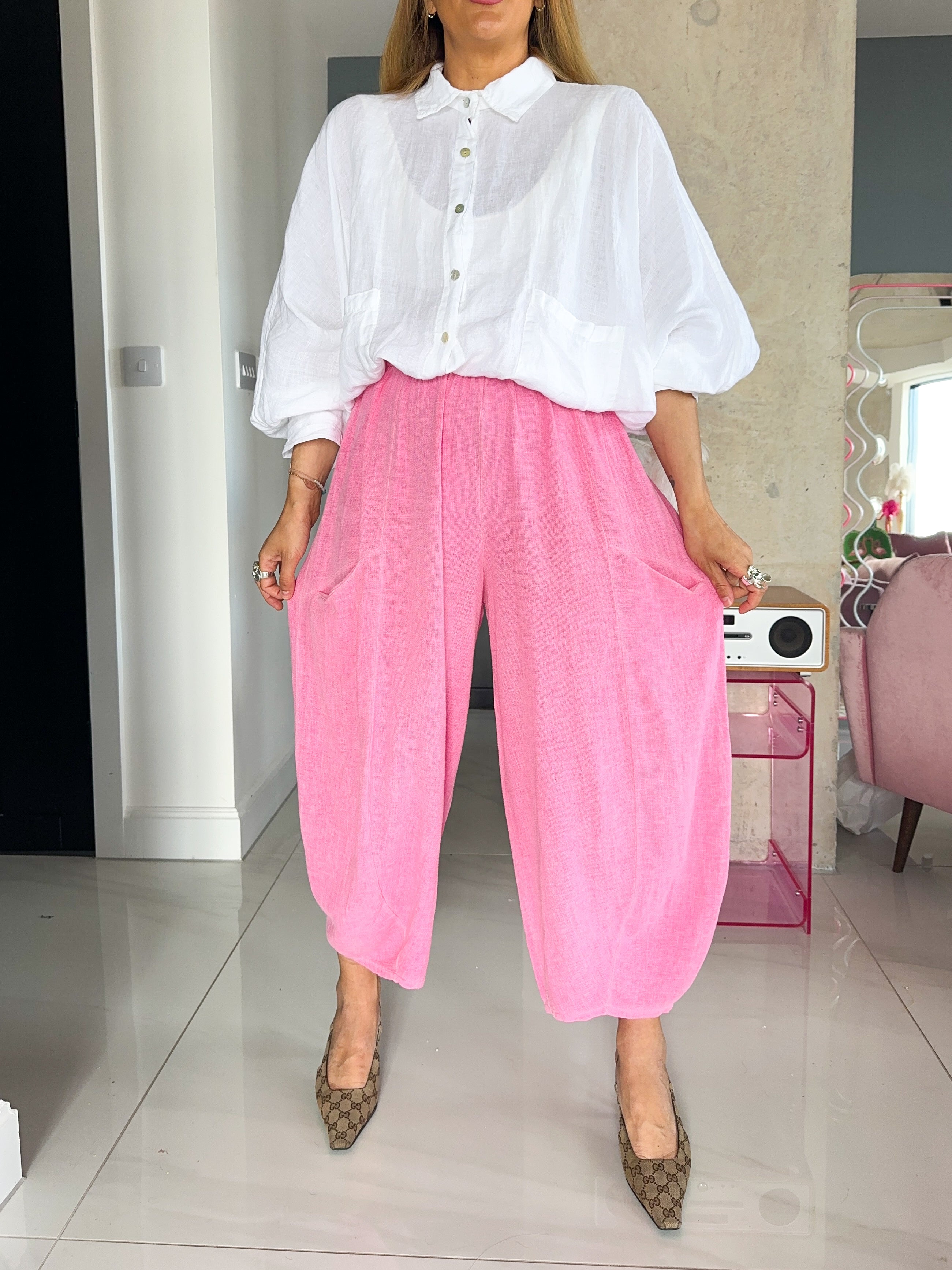 Linen Balloon Style Trousers In Candy Pink