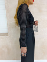 Diamante Mesh Long Sleeve Top In Black Sparkle