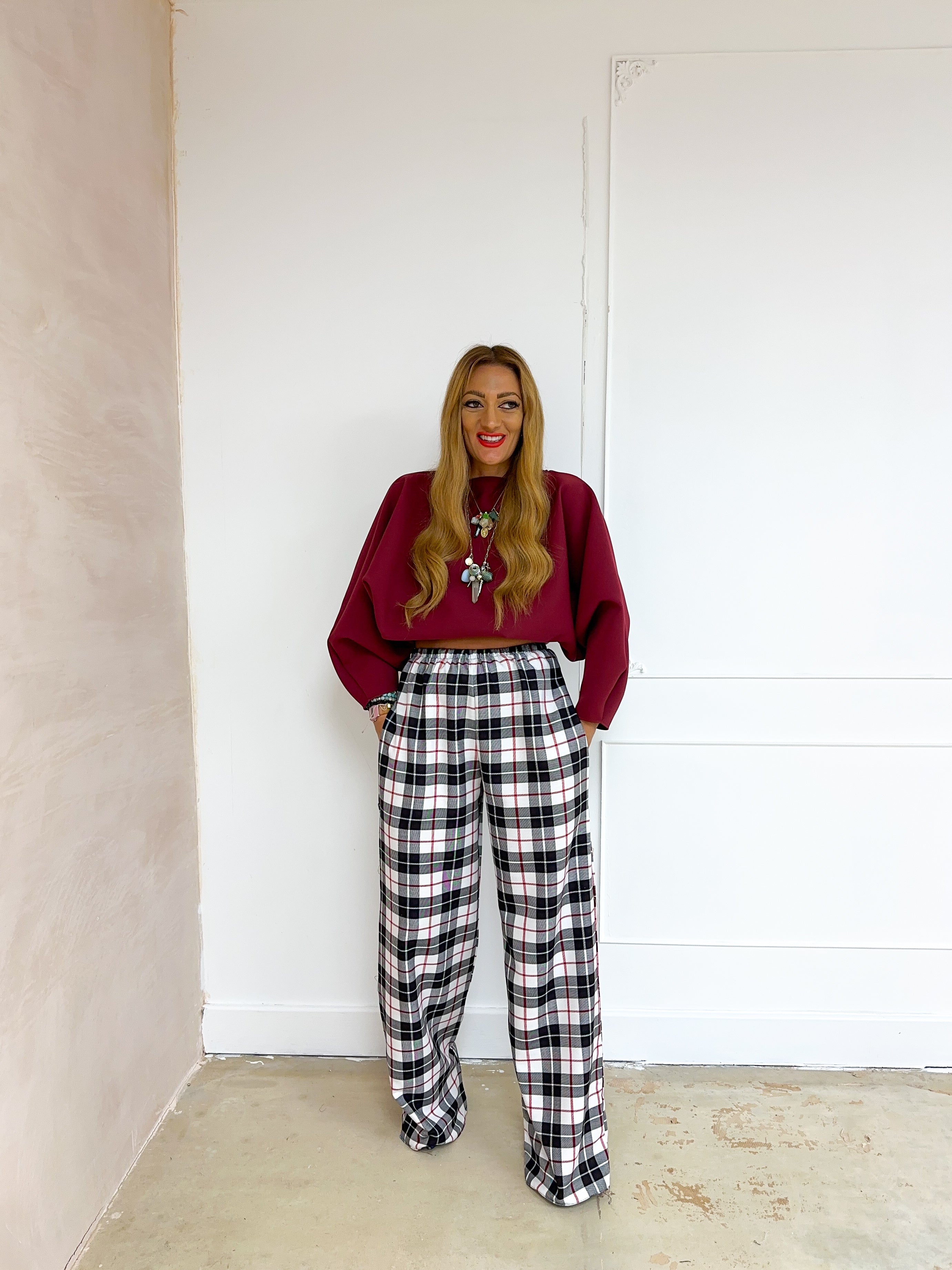 Muse Wide Leg Trousers In White Tartan