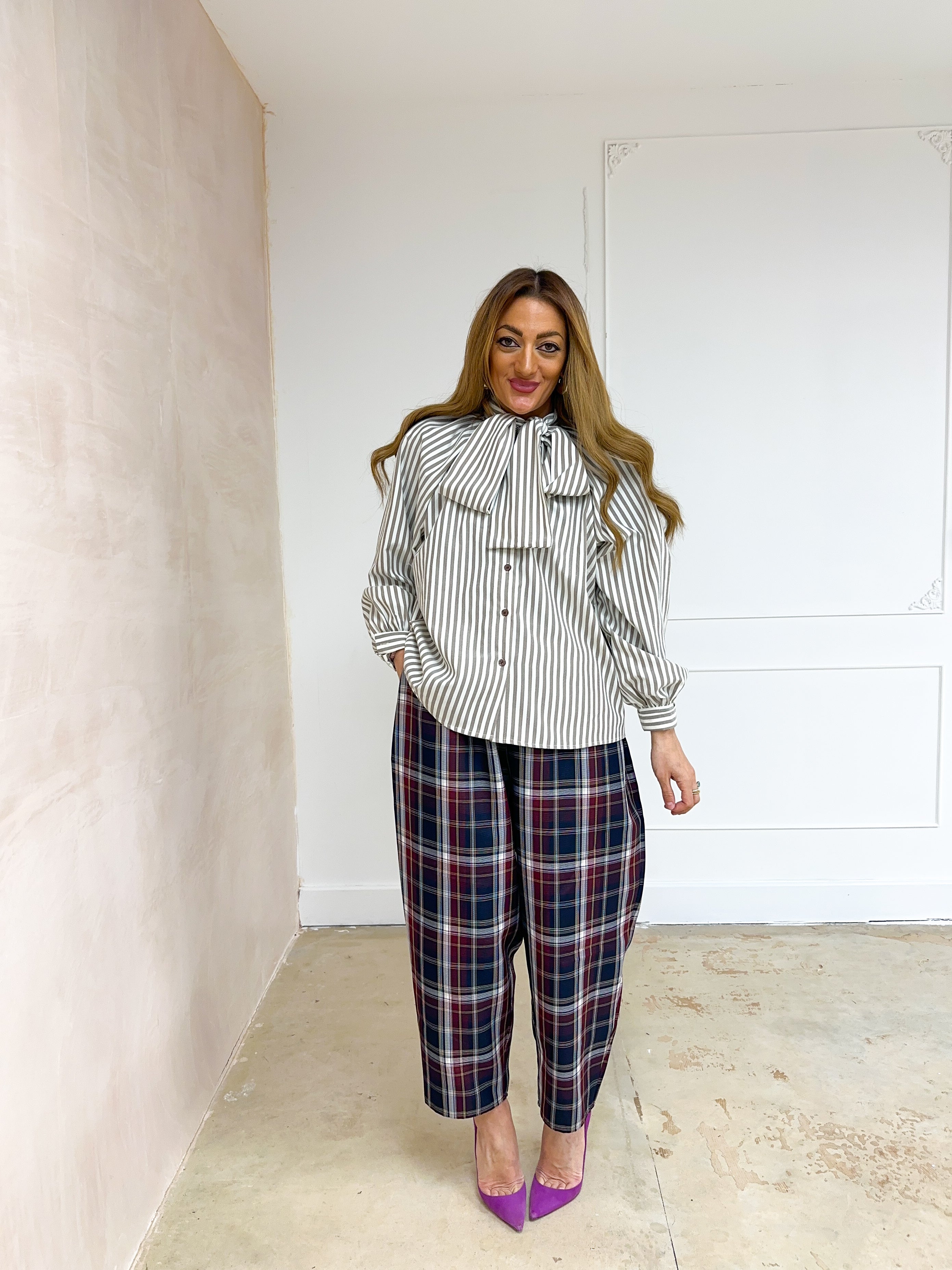Tartan Check Balloon Trousers In Navy