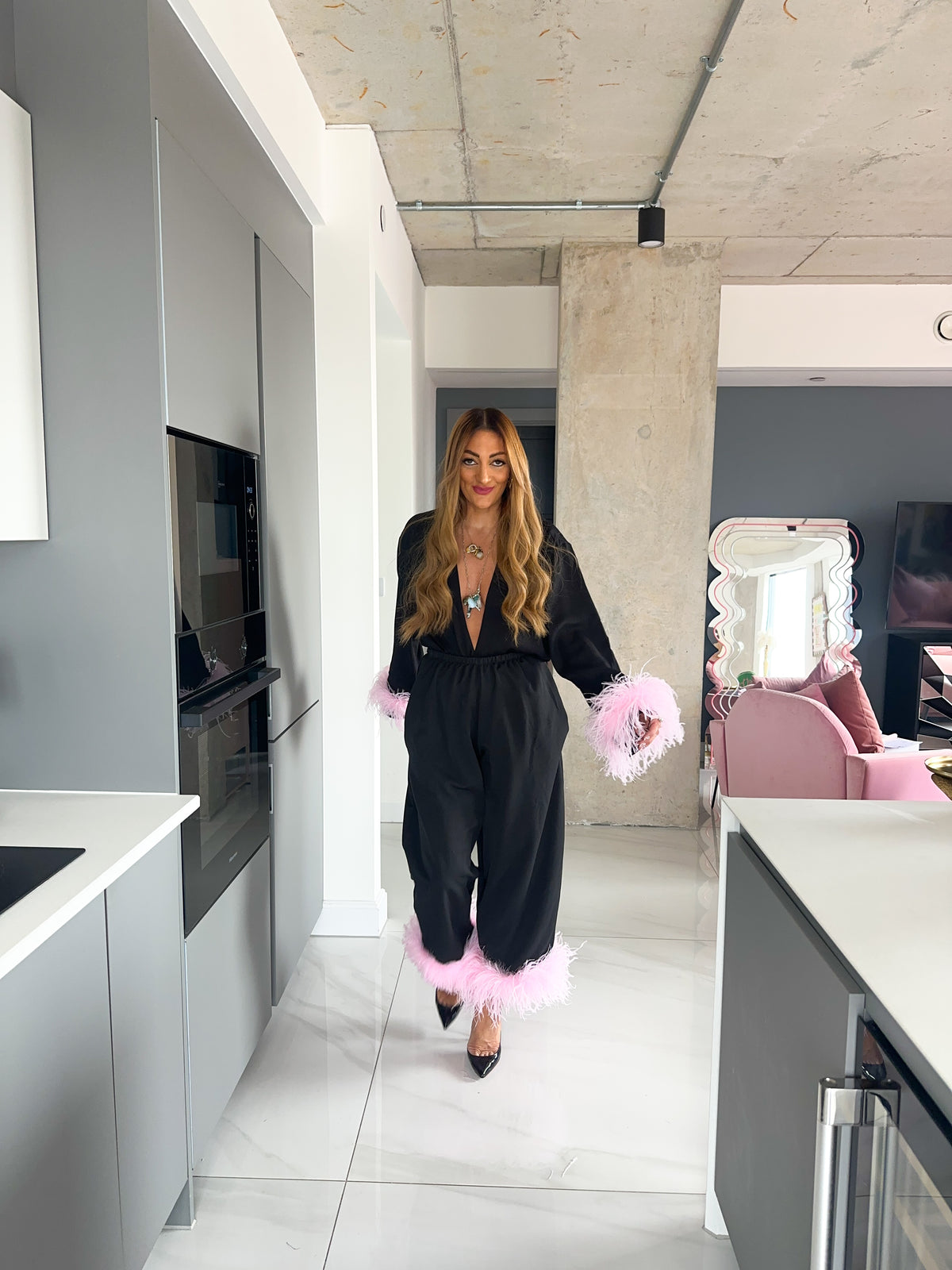 Pink Feather Hem Balloon Trousers In Black
