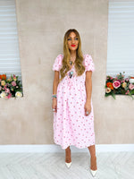 Scattered Cherry Print Midi Dress In Pink Gingham