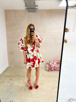 The Juliet Puff Sleeve Swing Dress In Red Rose