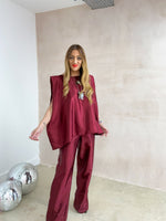 The Midnight Satin Wide Leg Trousers In Burgundy