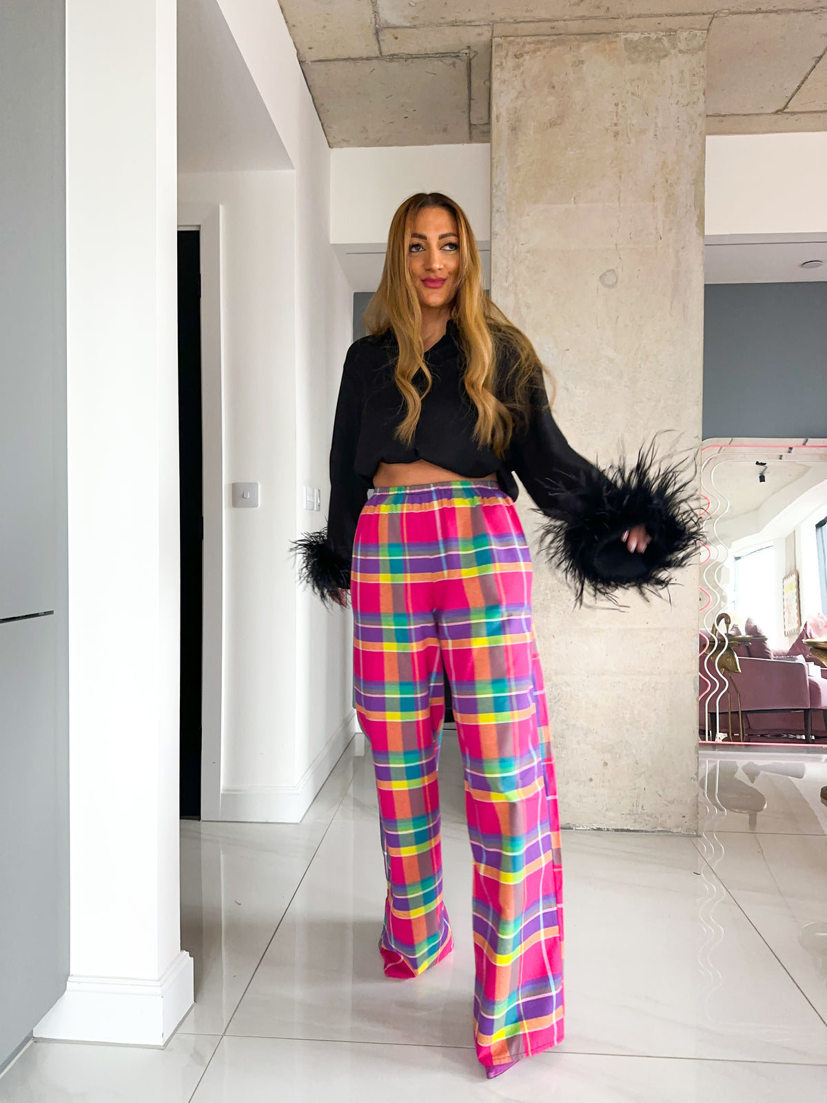 Madras Check Wide Leg Trousers In Pink