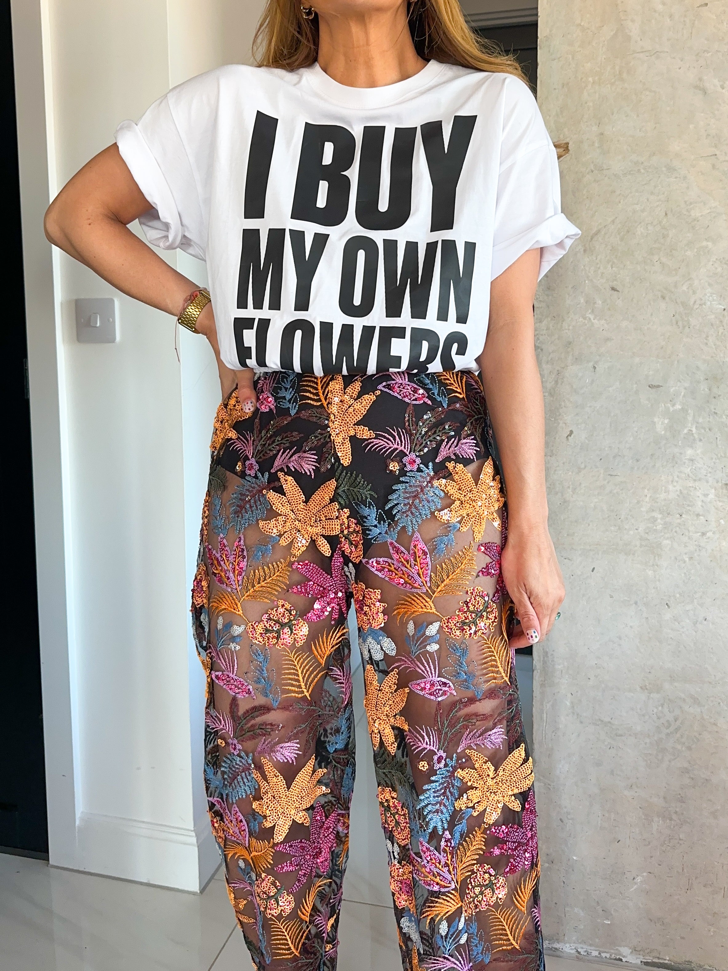‘Flowers’ Slogan Cropped T-Shirt In White