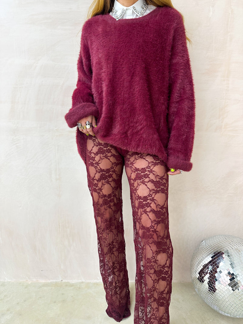 Fluffy Slouch Jumper In Burgundy