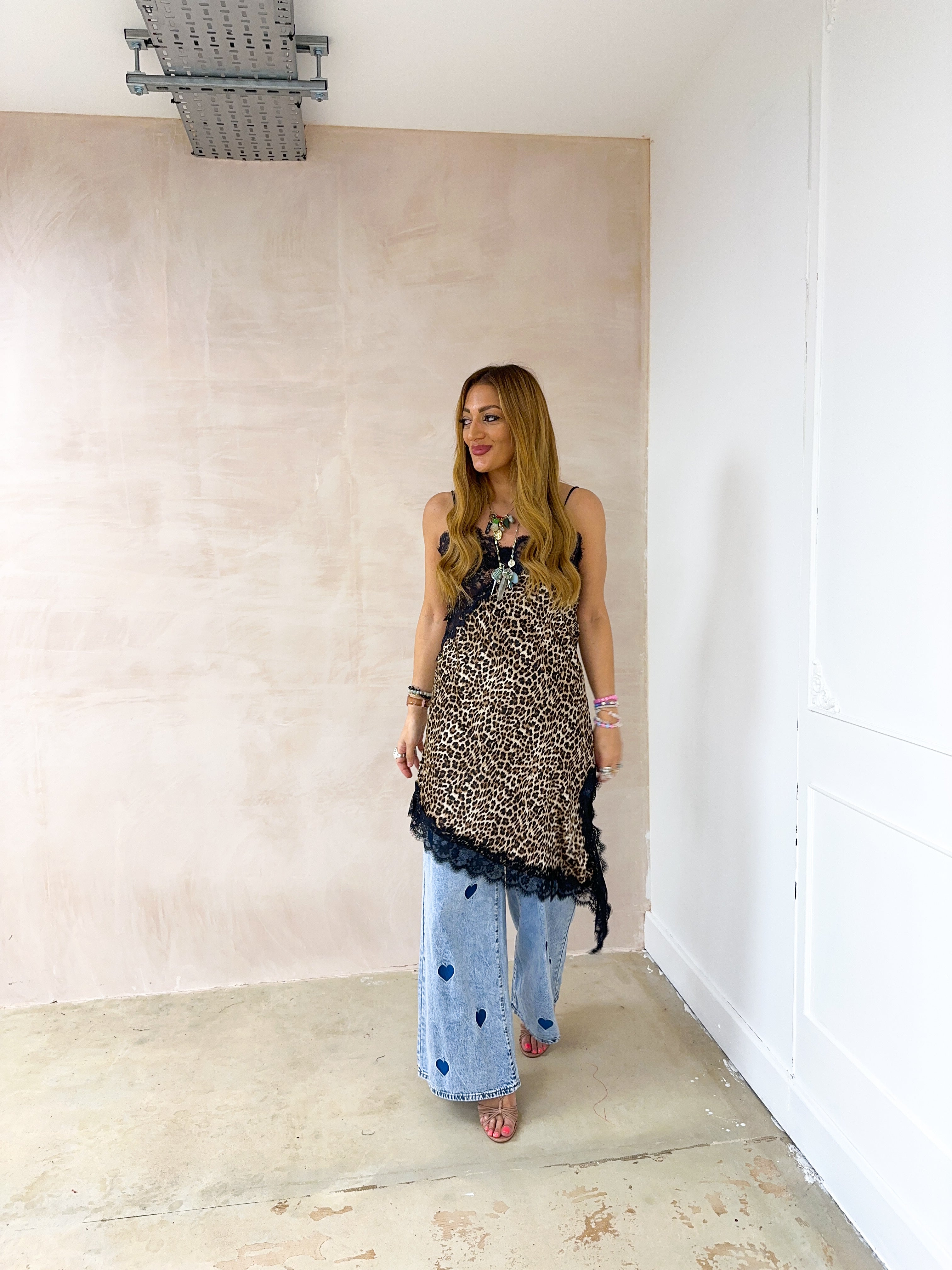 Lace Detail Satin Cami Dress In Leopard