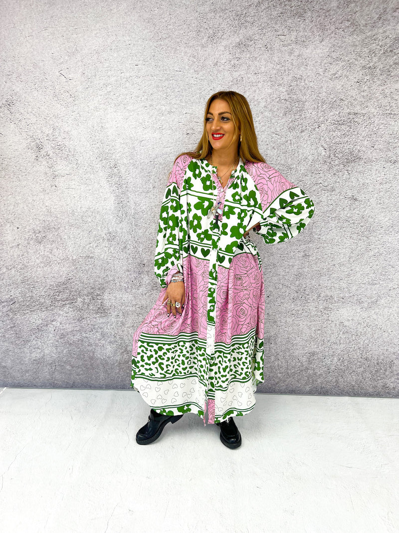 The Bella Button Front Kimono Dress In Scattered Multi Print