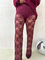 High Waisted Straight Leg Lace Trousers In Burgundy