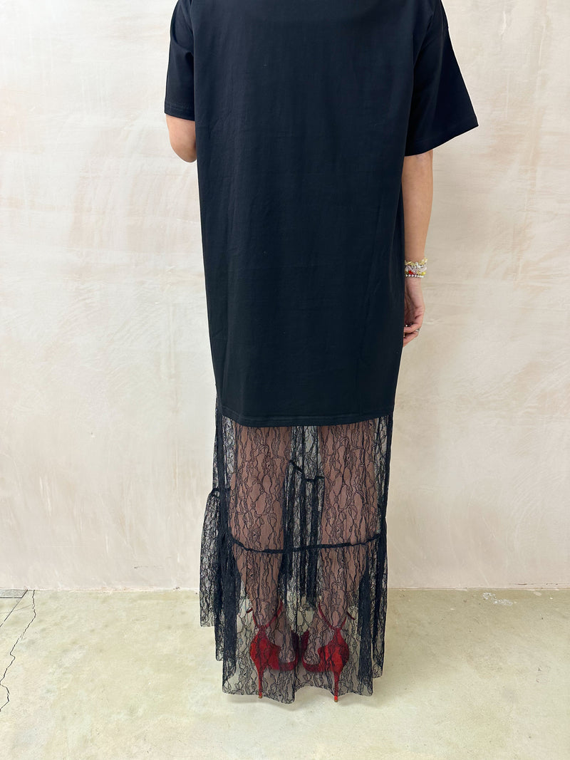 Black T-Shirt Dress With Lace Hem Skirt