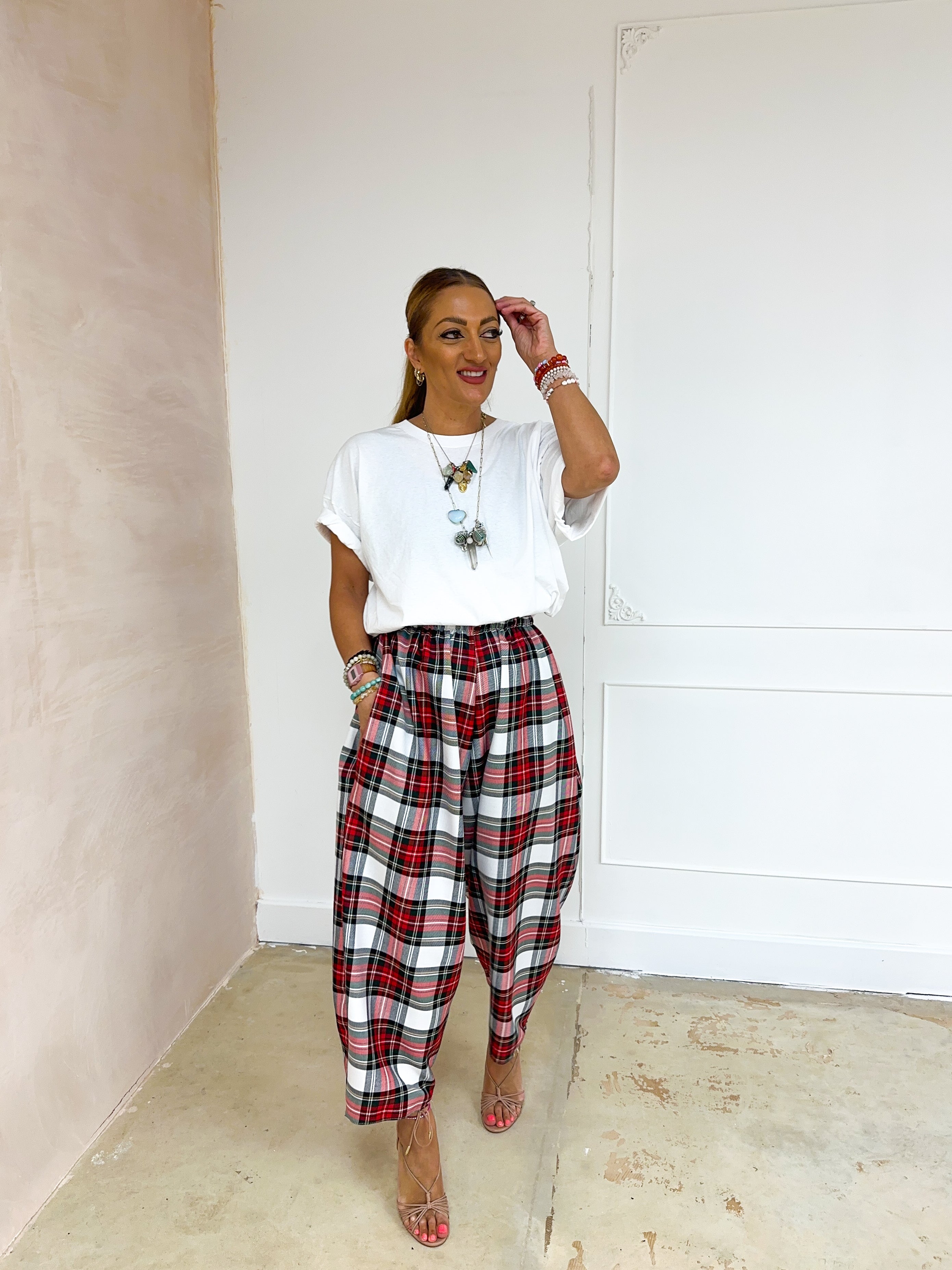 Muse Balloon Trousers In Red/White Tartan