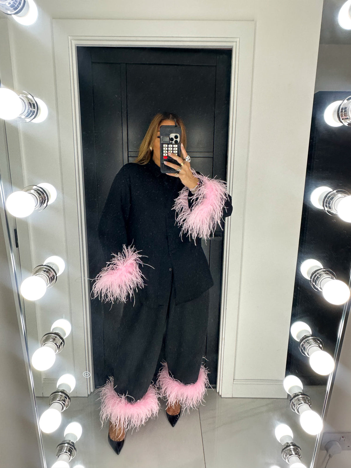 Pink Feather Cuff Shirt In Black