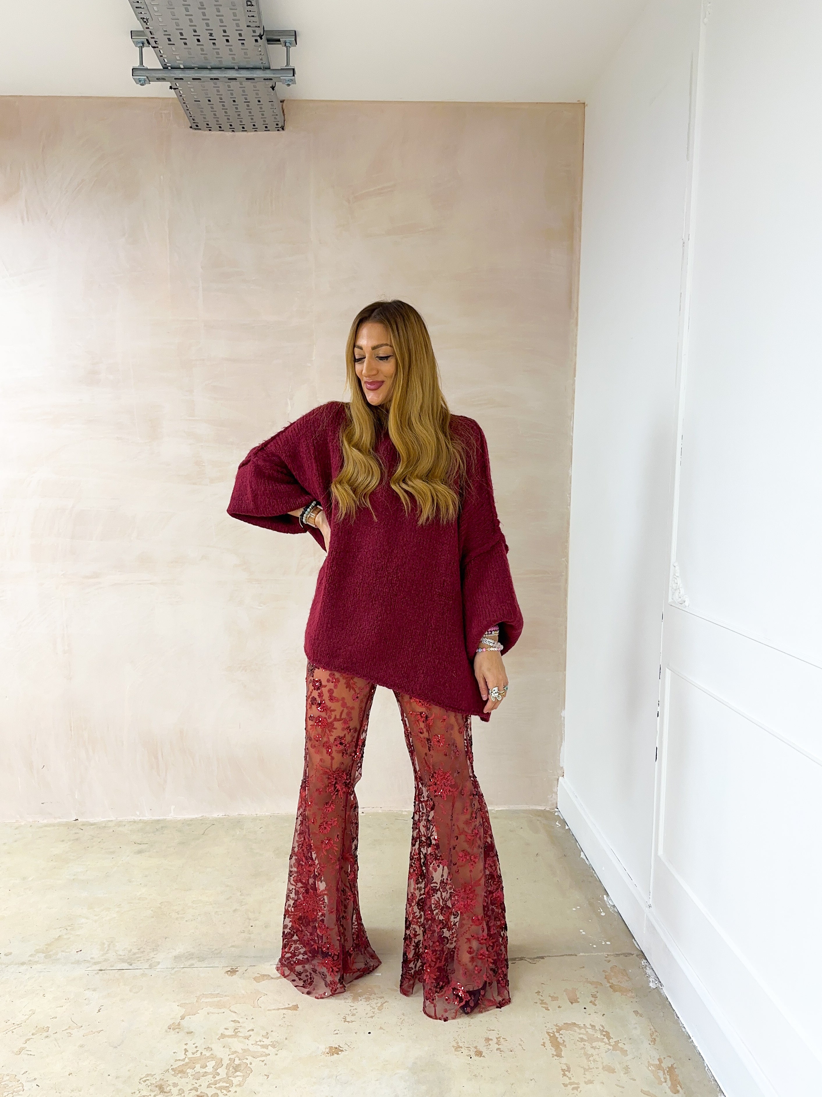 Chunky Knit Oversized Jumper In Burgundy