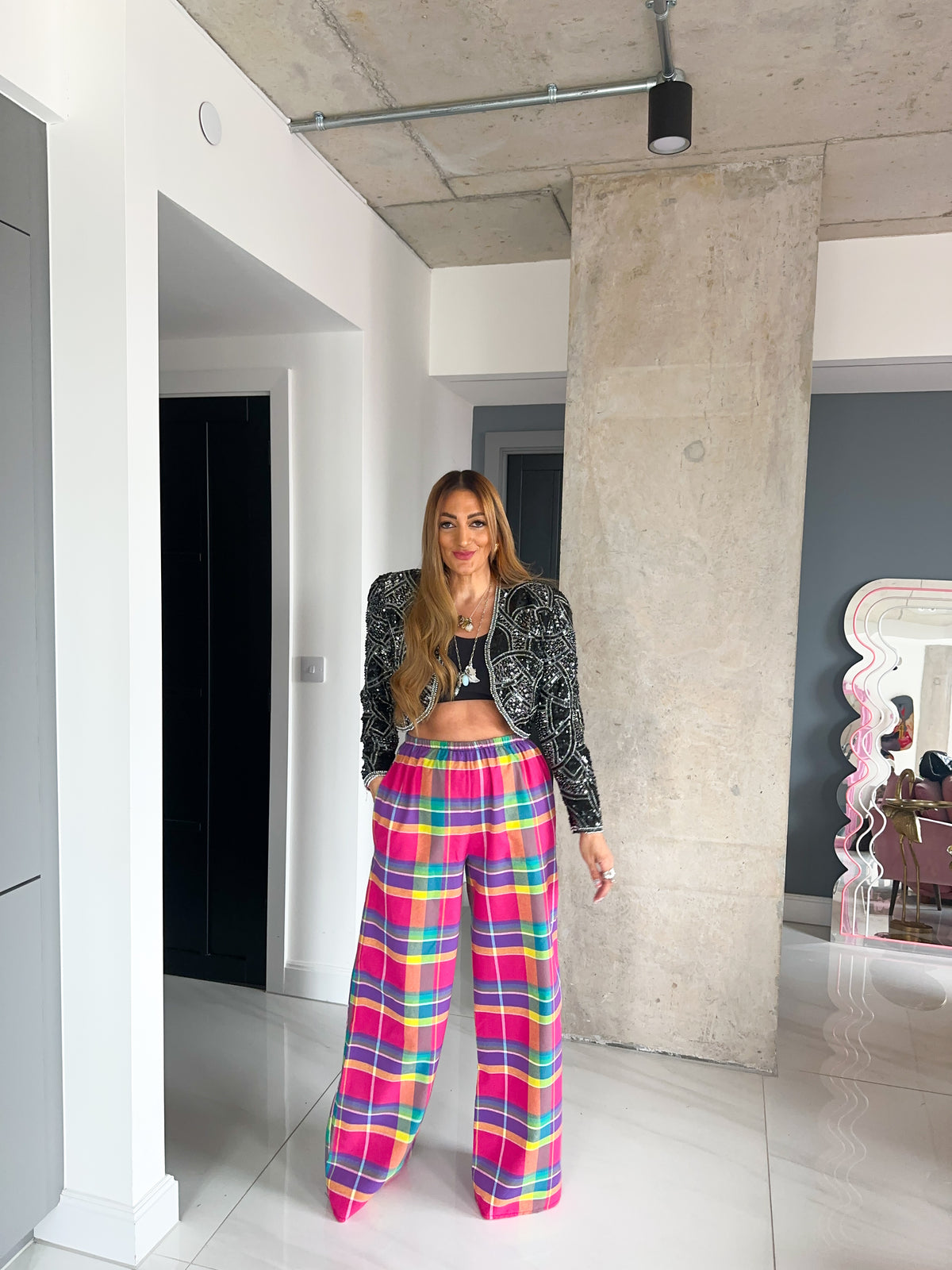 Madras Check Wide Leg Trousers In Pink