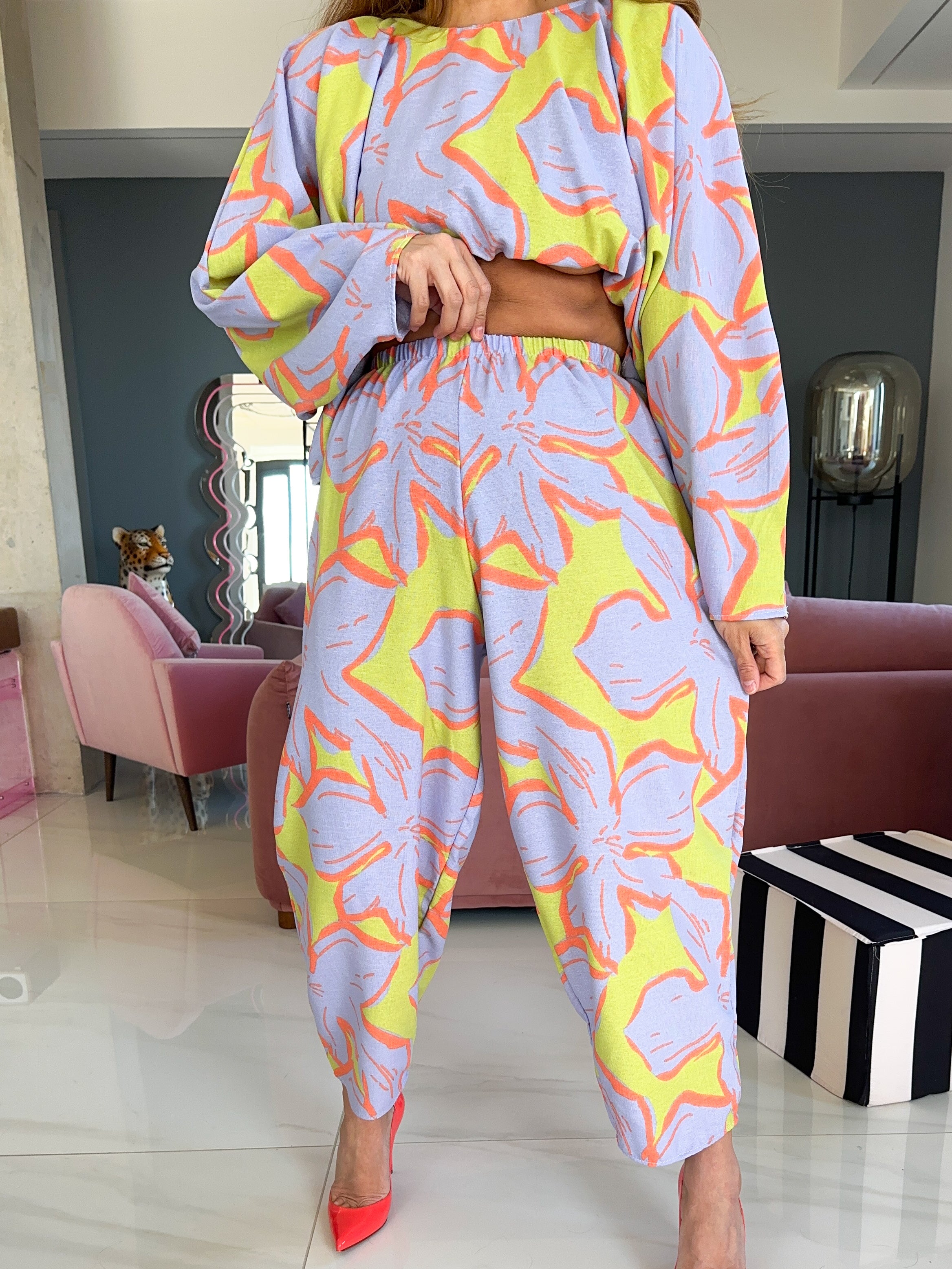 High Waisted Balloon Trousers In Abstract Flower Print
