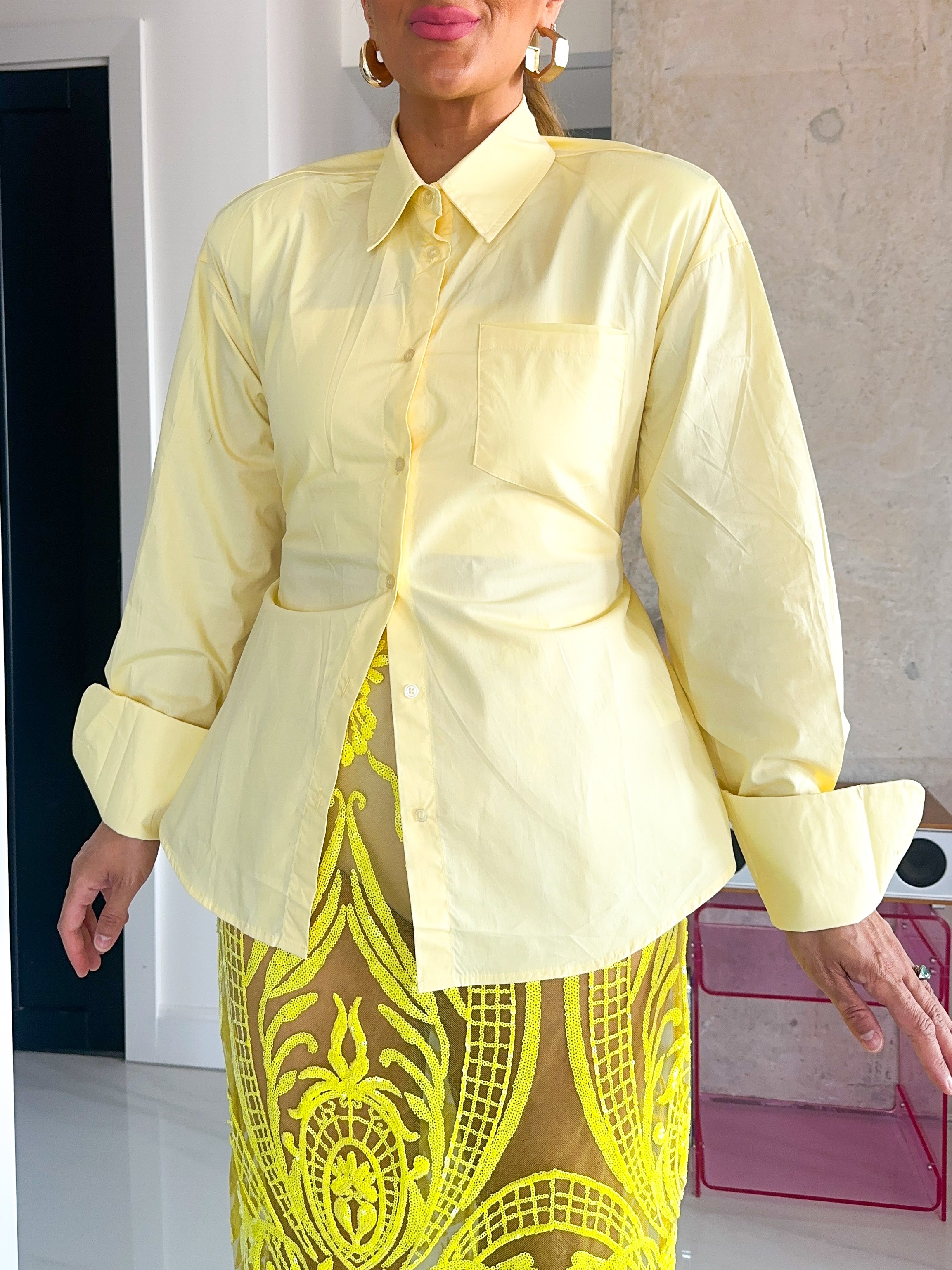 Shoulder Pad Tie Waist Shirt In Yellow