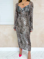 Long Sleeve Bodice Style Mesh Dress In Leopard Print