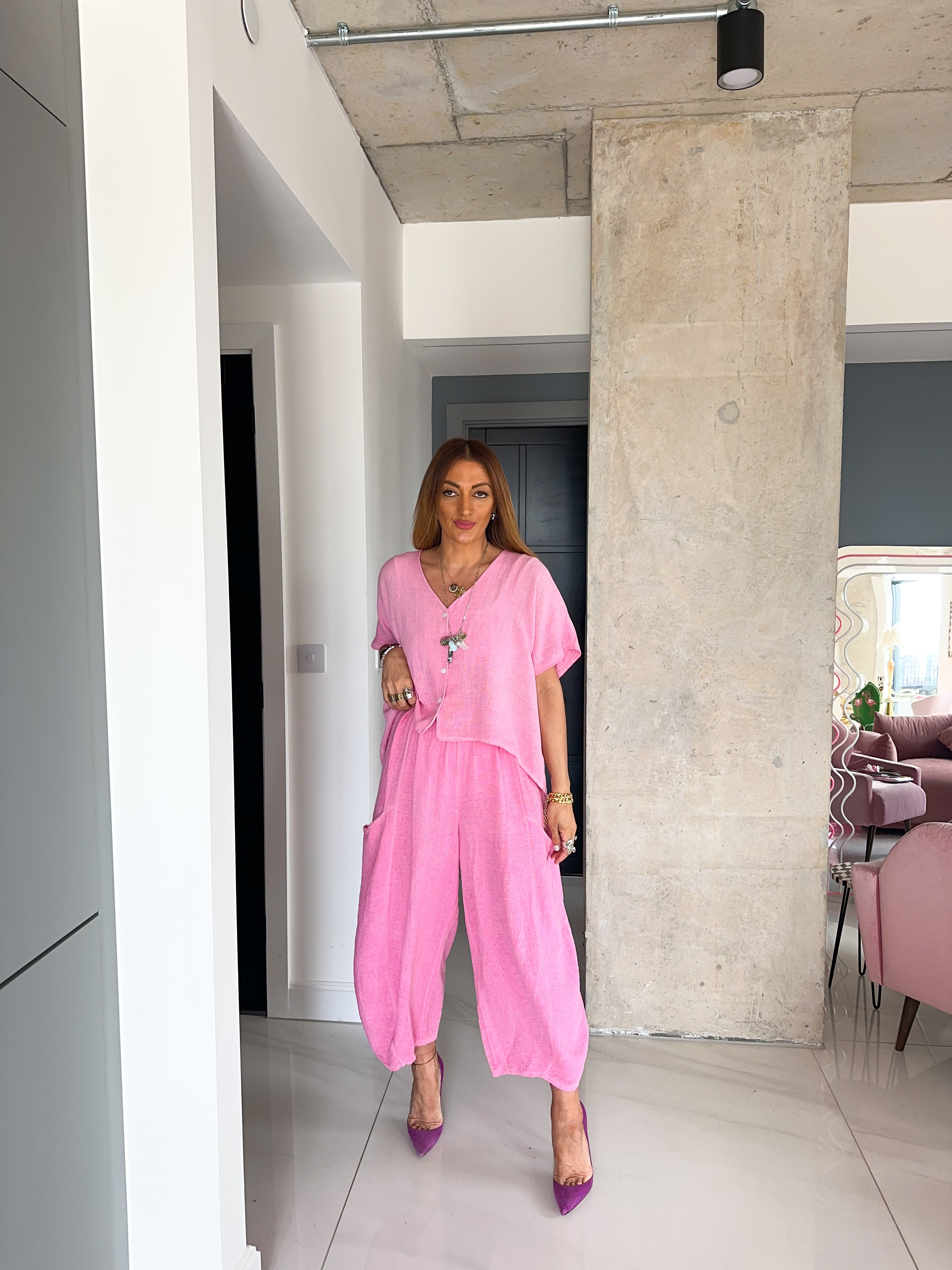 Linen Balloon Style Trousers In Candy Pink