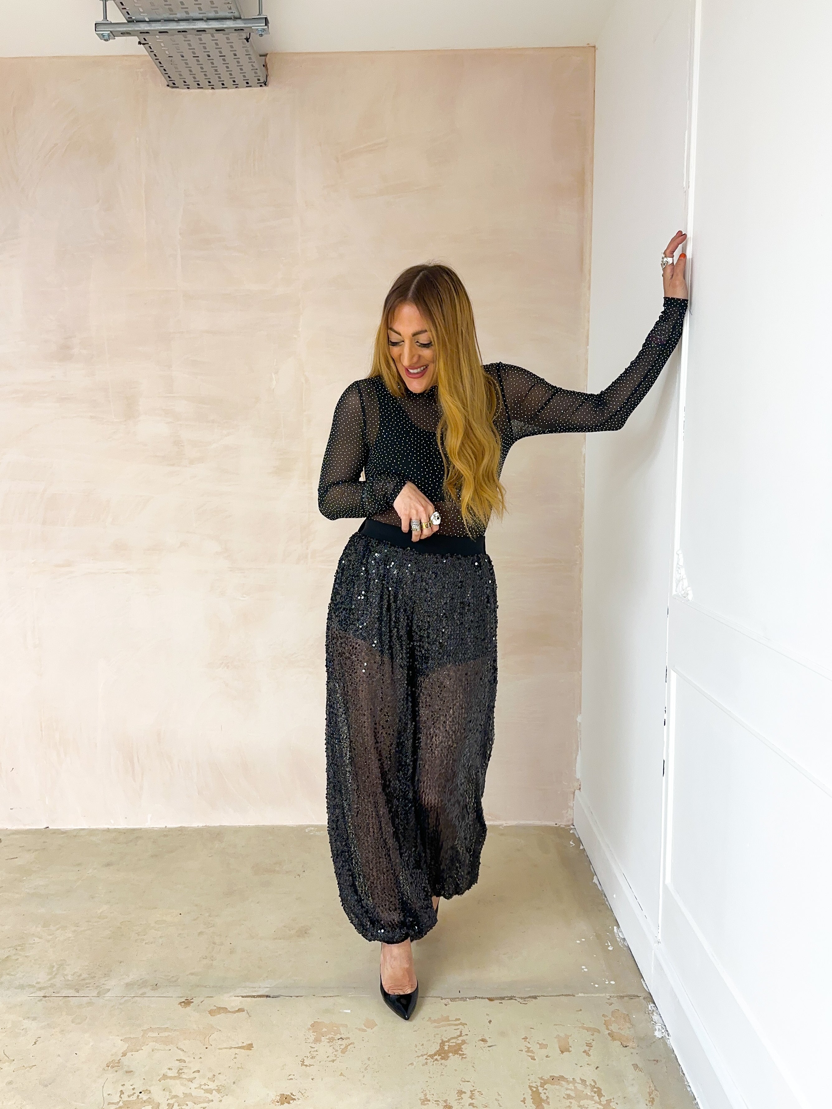 Sequin Aladdin Balloon Trousers In Black