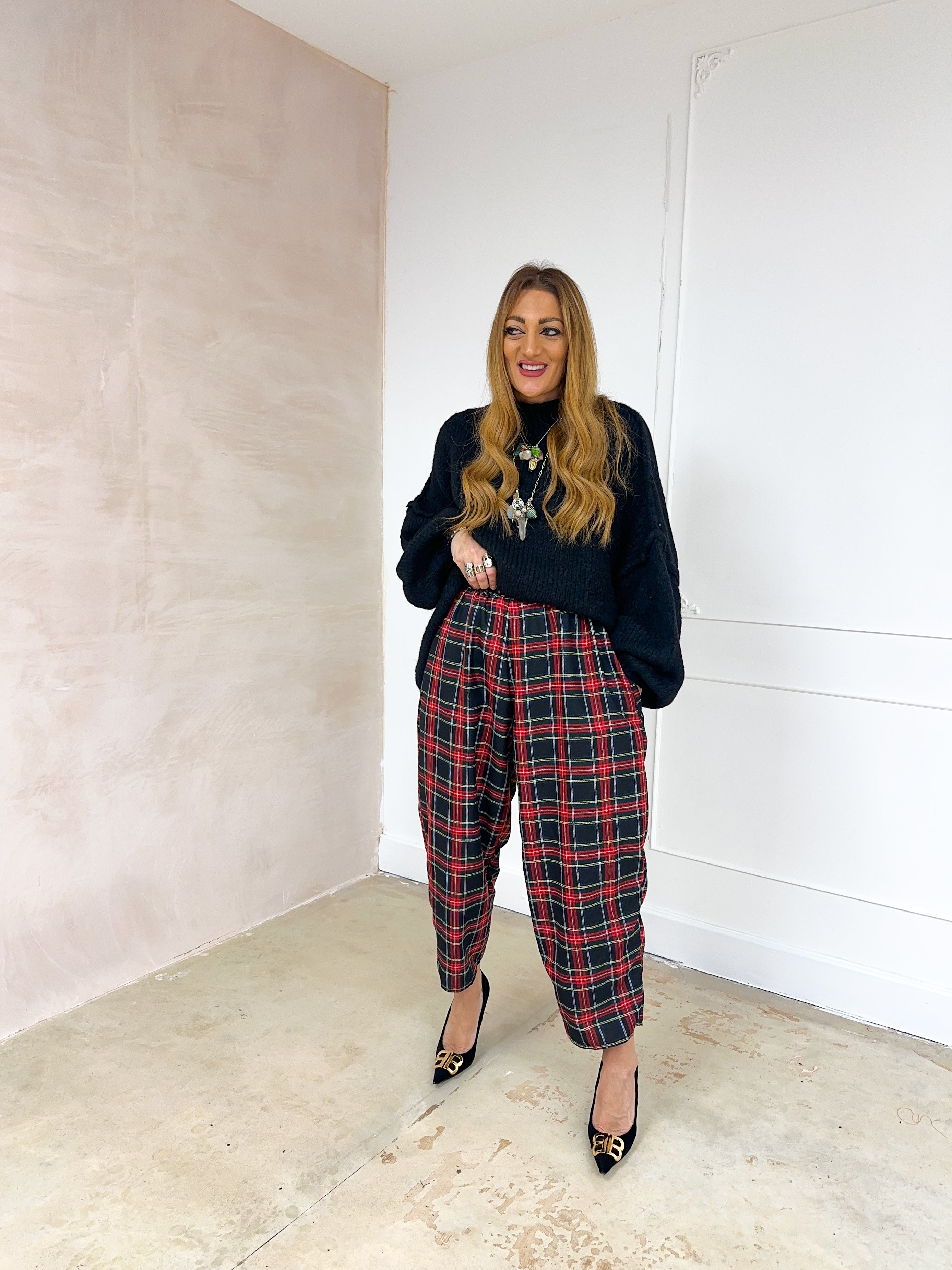 Muse Balloon Trousers In Navy/Red Traditional Tartan