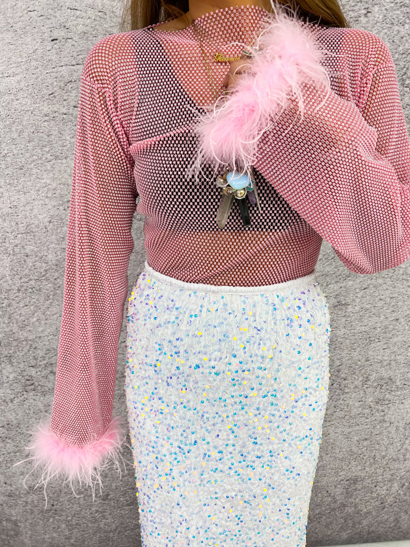 Sparkly Rhinestone Mesh Feather Cuff Top In Pink