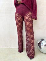 High Waisted Straight Leg Lace Trousers In Burgundy