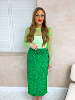 High Waisted Sequin Midi Skirt In Bright Green