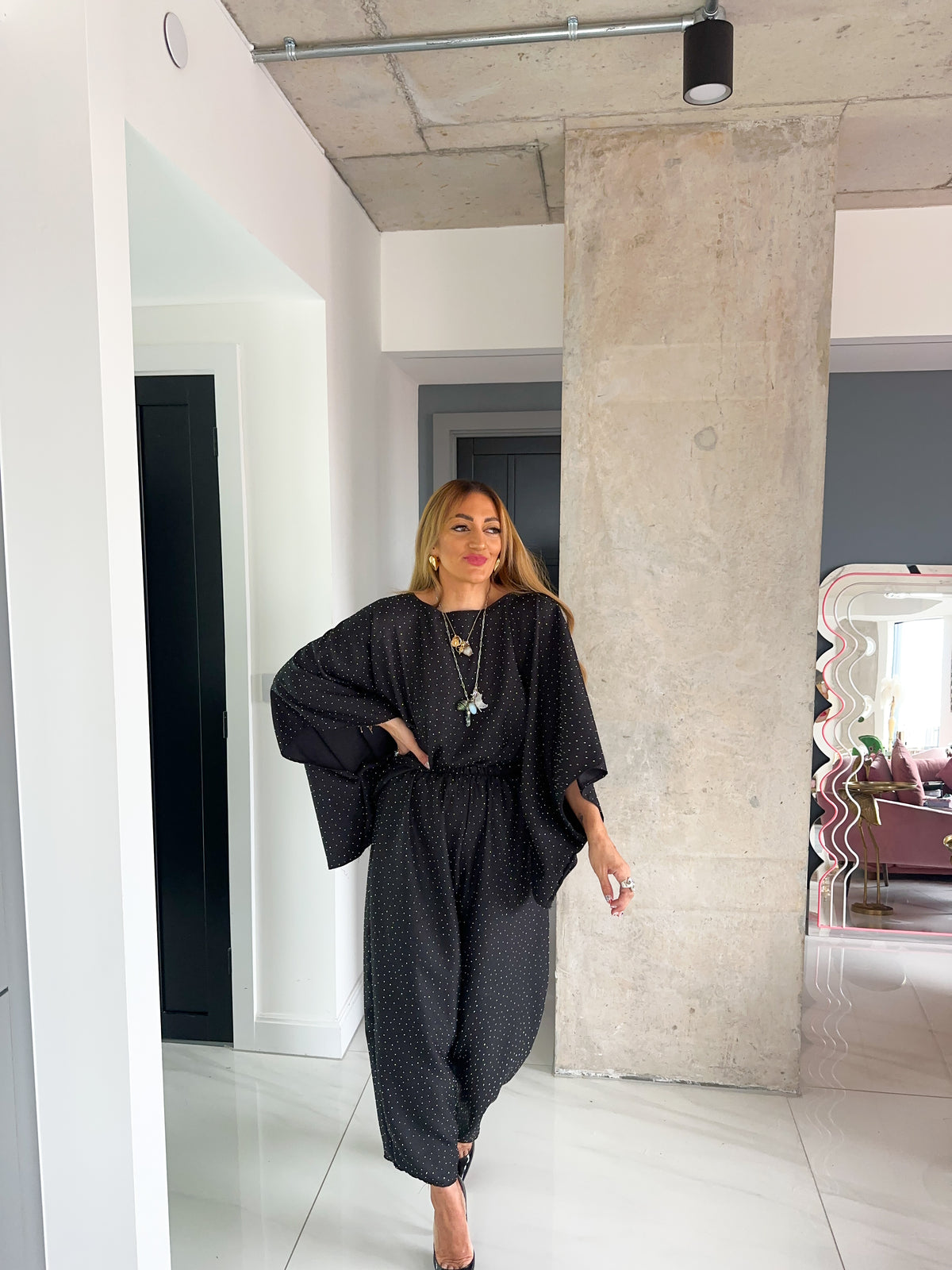 Core 0.2 Scattered Rhinestone Kimono Style Top In Black