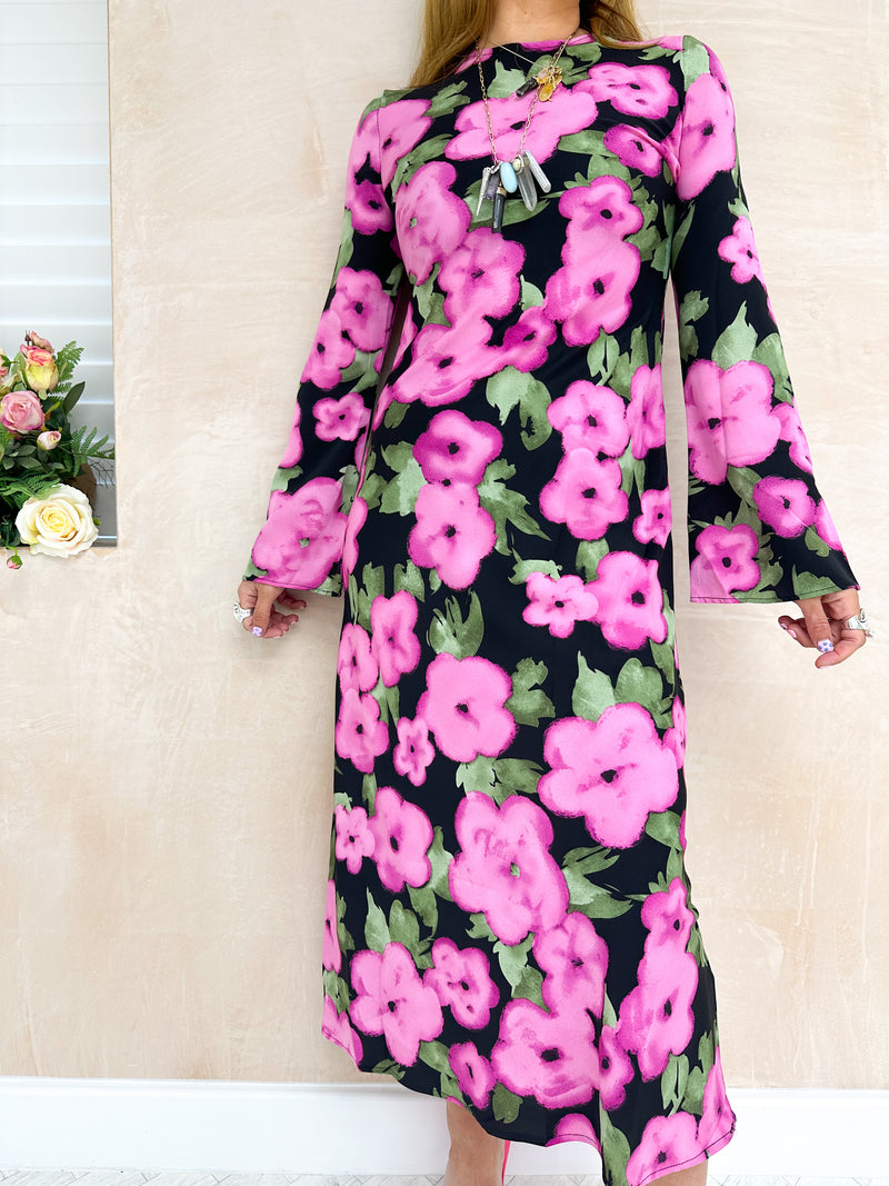 Abstract Floral Print Midi Dress In Pink