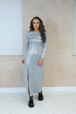 Long Sleeve Maxi Dress In Brushed Silver Metallic