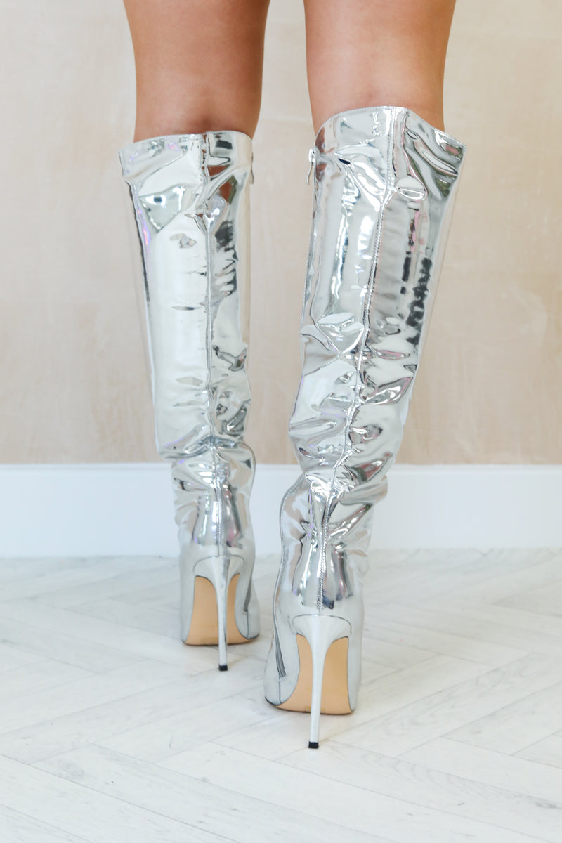 Faux Leather Metallic Boots In Silver