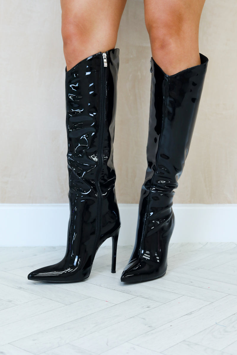 Faux Leather Metallic Boots In Black