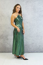 Diamante Strap Halterneck Midi Dress In Green Metallic