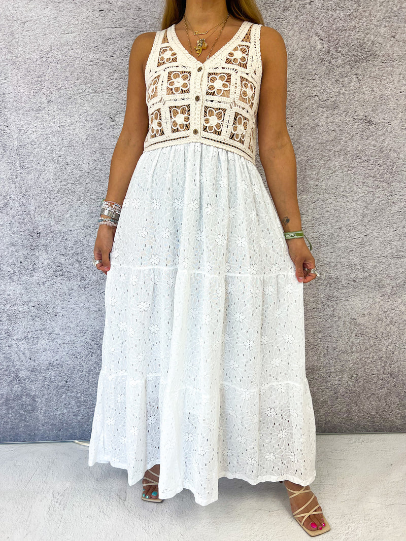 Crochet Detail Lace Style Midi Dress In White