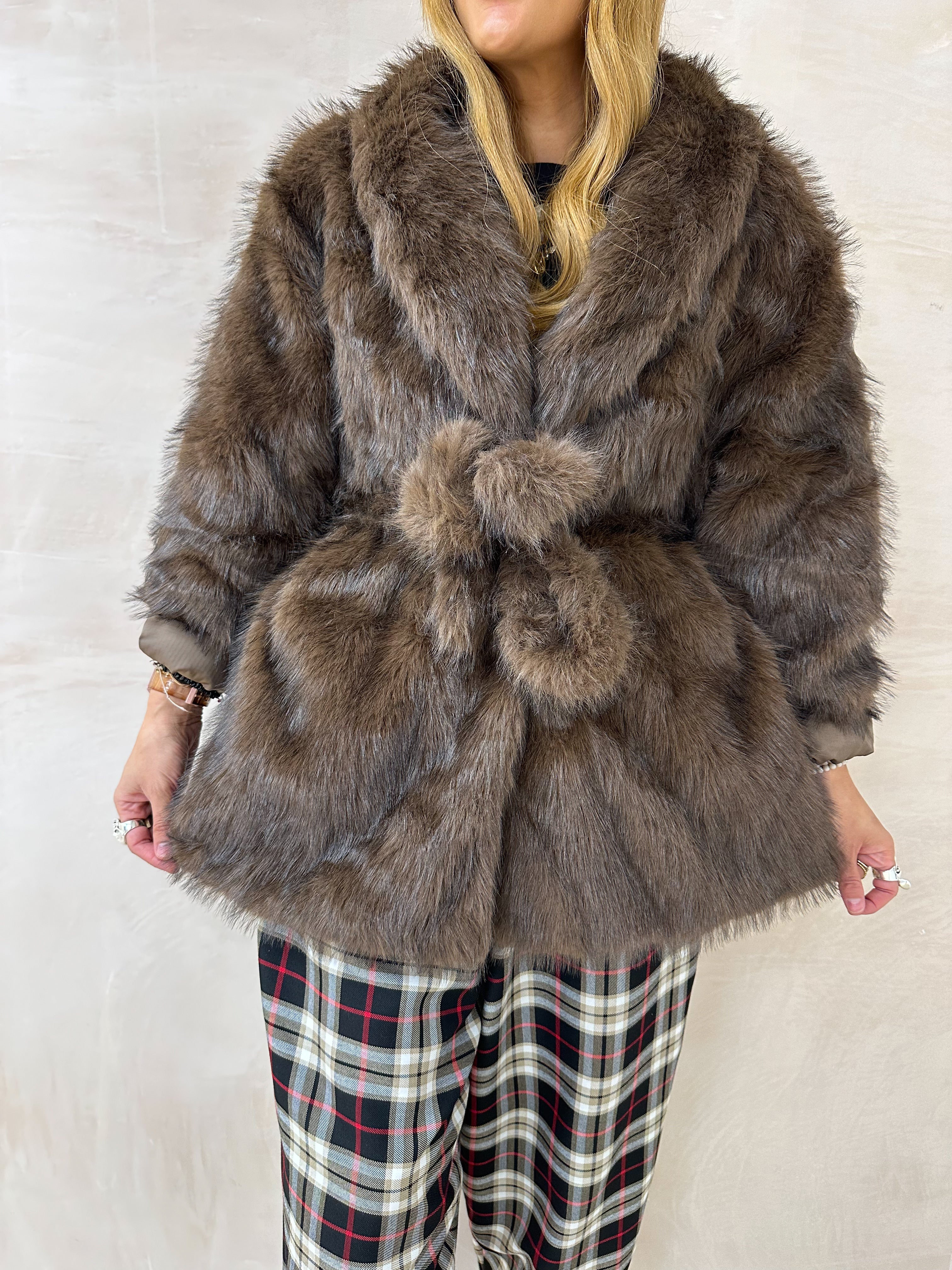 Luxury Faux Fur Belted Jacket In Brown