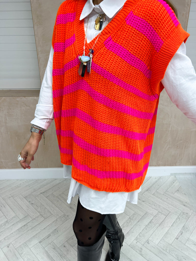 Stripe Oversized Knitted Vest In Orange/Pink