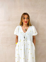 Scattered Lemon Print Midi Dress In White