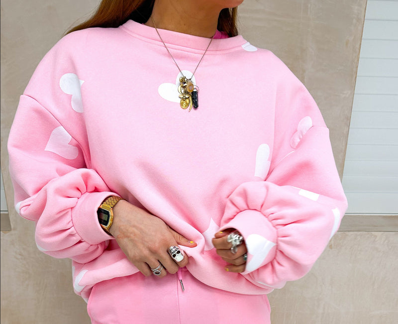 All Over Scattered Heart Sweatshirt In Baby Pink