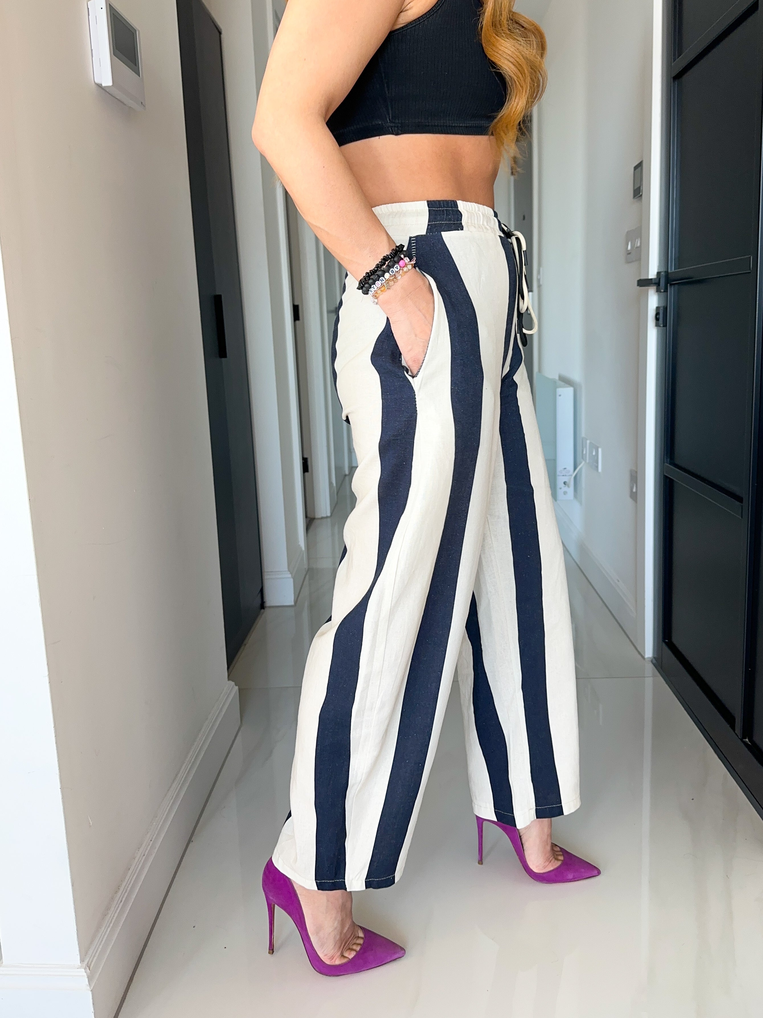 Barrel Shape Trousers In Navy/White Stripe